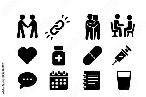 Recovery Icon Set. Addiction recovery process. Solid icon set of Addiction recovery process: person holding hand, broken chain, supportive hug, counseling