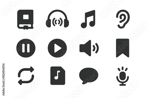 Audio Engagement Icons. Audio engagement. Solid icon set of Audio engagement: audiobook icon, headphone waves, sound note, listening ear, pause button, play