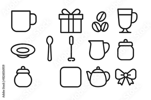 Coffee Gift Icons. Coffee gift set. Line icon set of Coffee gift set: coffee mug, gift box, coffee beans, latte glass, saucer, spoon, frother, milk jug, sugar