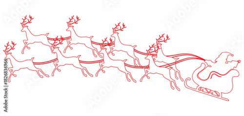 Santa claus with raindeer on line art style of vector illustration