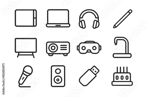 Classroom Technology Icons. Classroom Devices. Line icon set of Classroom Devices: tablet, laptop, headphones, stylus, interactive whiteboard, projector, VR