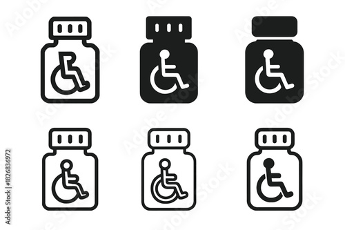 Accessible Medical Icons. accessible medical icons set. Icon set. Set Logo of accessible medical icons set: medicine bottle. harmonious logo variations of the