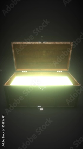 Mysterious Glowing Light from Open Wooden Chest Intrigue and Wonder with Aura and Design in Enigmatic Environment