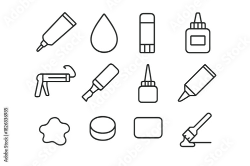 Glue Tools Icons. Glue application tools. Line icon set of Glue application tools: glue tube, glue drop, glue stick, adhesive bottle, caulking gun, glue brush,