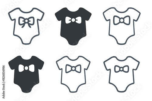 Baby Shower Logo Ideas. Baby shower party ideas and decorations. Icon set. Set Logo of baby shower party ideas and decorations: onesie with decorative bow.