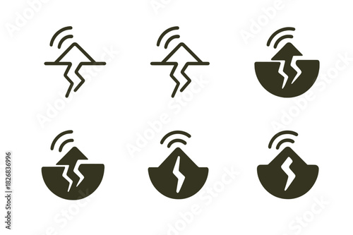 Earthquake Fault Icons. Lithosphere. Icon set. Set Logo of earthquake fault line. harmonious logo variations of the same emblematic concept (Minimal outline,