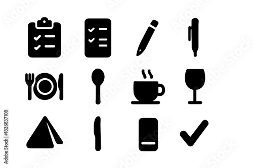 Restaurant Icons Grid. Restaurant checklist. Solid icon set of Restaurant checklist: clipboard, menu sheet, pencil, pen, plate, fork, knife, spoon, coffee cup,