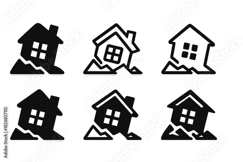 Collapsed Buildings Icon Set. Collapsed buildings. Icon set. Set Logo of Collapsed buildings: Fallen beam. harmonious logo variations of the same emblematic