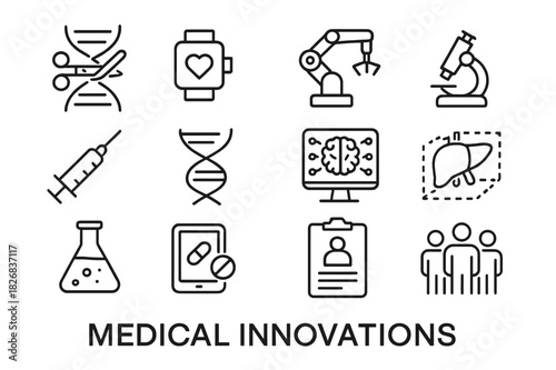 Medical Innovation Icons. Medical Innovations. Line icon set of Medical Innovations: gene editing, wearable monitor, robotic surgery, microscope, syringe, DNA