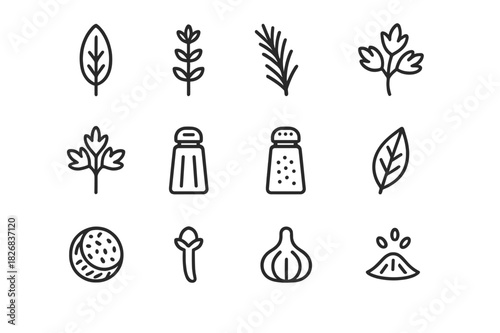 Stuffing Herbs Icons. Stuffing Herbs & Spices. Line icon set of Stuffing Herbs & Spices: sage, thyme, rosemary, parsley, salt, pepper, nutmeg, cloves, bay