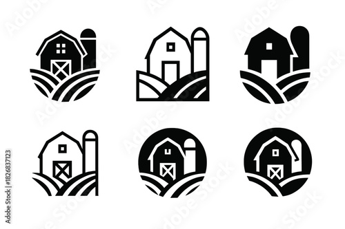 Barn and Silo Icons. barn and silo. Icon set. Set Logo of barn and silo: barn with silo and surrounding crops. harmonious logo variations of the same