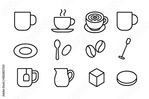 Coffee Mug Icons. Coffee Mug. Line icon set of Coffee Mug: ceramic mug, steaming cup, latte art, handle, saucer, spoon, coffee beans, frother, tea bag, milk