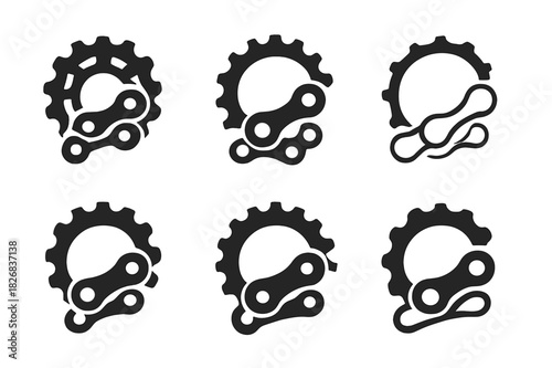 Bicycle Chain Icons. Bicycle Chain. Icon set. Set Logo of Bicycle Chain: Gear and chain combo. harmonious logo variations of the same emblematic concept