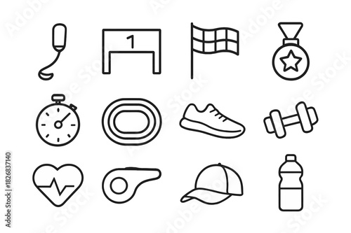 Para-Athletics Icon Set. Para-athletics. Line icon set of para-athletics: prosthetic blade, starting line, finish flag, medal, stopwatch, track, running shoe,