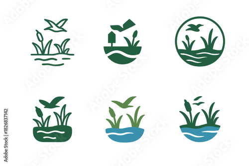 Wetlands Logo Variations. Wetlands. Icon set. Set Logo of wetlands: ecosystem biodiversity symbol. harmonious logo variations of the same emblematic concept,