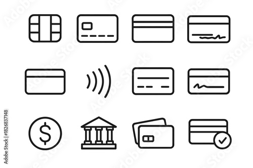 Minimalist Payment Icons. Payment Card Set. Line icon set of Payment Card Set: chip, credit card front, credit card back, magnetic stripe, contactless payment