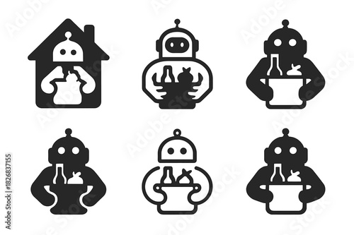 Home Robotics Icons. home robotics assistance. Icon set. Set Logo of home robotics assistance: domestic robot lifting groceries. harmonious logo variations of