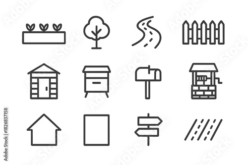 Garden Plot Icons. Garden plot. Line icon set of Garden plot: garden bed, tree, pathway, fence, shed, compost bin, mailbox, water well, house outline, parcel