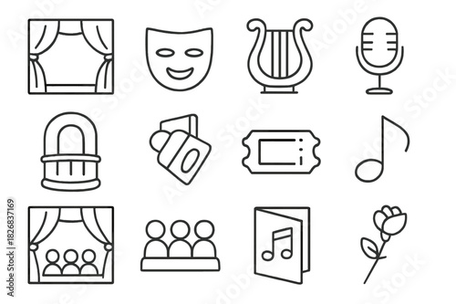 Opera Icons Line Art. Opera stage. Line icon set of opera stage: curtain, mask, harp, microphone, balcony, spotlight, ticket, music note, stage, audience,