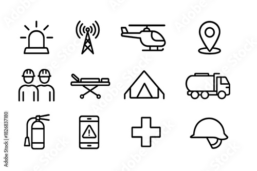 Disaster Response Icons. Disaster response. Line icon set of disaster response: siren, radio tower, helicopter, map pin, rescue team, stretcher, tent, water
