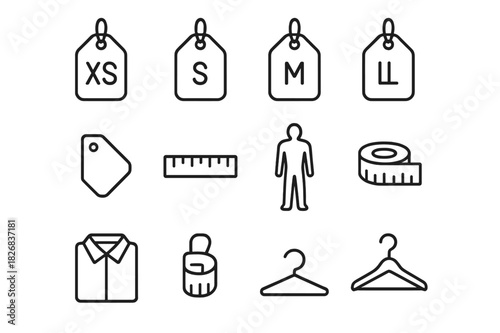 Clothing Size Icons. Clothing sizes. Line icon set of clothing sizes: XS label, S label, M label, L label, XL label, XXL label, size tag, ruler, body