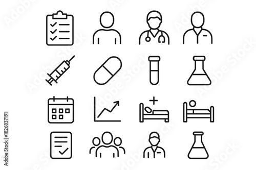 Clinical Trials Icons. Clinical Trials. Line icon set of Clinical Trials: clipboard, patient, doctor, syringe, pill, test tube, calendar, chart, hospital bed,