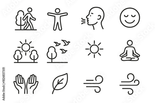 Fresh Air Icons. Enjoying fresh air. Line icon set of enjoying fresh air: walking in park, stretching arms, deep breathing, smiling face, open sky, trees,