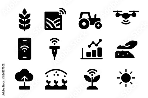 Digital Farming Icons. Digital Farming. Solid icon set of Digital Farming: crop, field map, tractor, drone, smartphone, sensor, graph, soil icon, data upload,