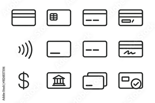 Bank Card Icons. Bank Card Icons. Line icon set of Bank Card Icons: magnetic stripe, chip, credit card front, credit card back, contactless payment symbol,