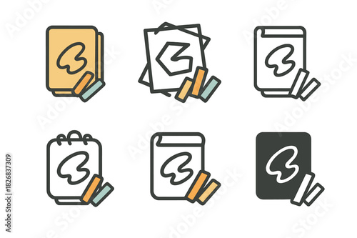 Chalk Art Logos. Chalk pastel art projects. Icon set. Set Logo of chalk pastel art projects: tabletop with sketch pad and chalk pieces. harmonious logo