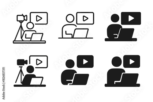 Content Creator Logos. Content creators making videos or writing blogs. Icon set. Set Logo of Content creators making videos or writing blogs: Live streaming