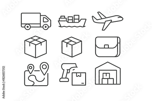Shipping Icon Set. Shipping & Delivery. Line icon set of Shipping & Delivery: delivery truck, cargo ship, airplane, shipping box, parcel, courier bag, tracking