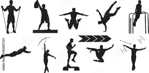 Silhouetted figures performing various exercises and movements for fitness and health
