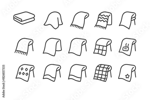 Blanket Icon Set. Blanket Over Knees. Line icon set of Blanket Over Knees: folded blanket, draped blanket, knitted blanket, fleece blanket, wool blanket, throw