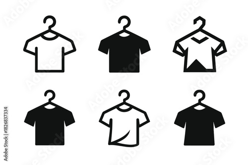 Laundry Logo Icons. Hanging up clothes immediately after laundry. Icon set. Set Logo of hanging up clothes immediately after laundry: clothes hanger.
