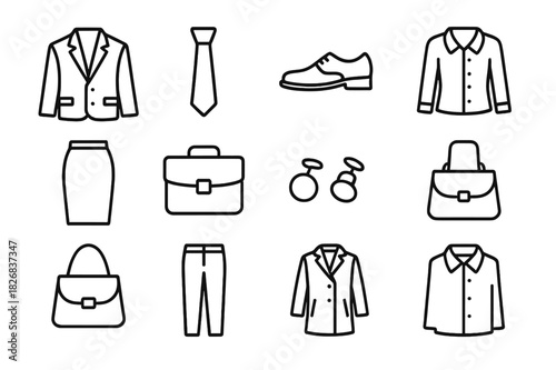 Business Attire Icons. Business attire. Line icon set of business attire: suit jacket, necktie, dress shoe, blouse, pencil skirt, briefcase, cufflinks,