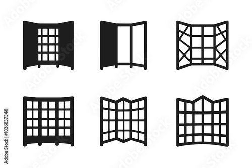 Folding Screen Icons. Folding Screen. Icon set. Set Logo of Folding Screen: Bi-fold Panel. harmonious logo variations of the same emblematic concept (Abstract