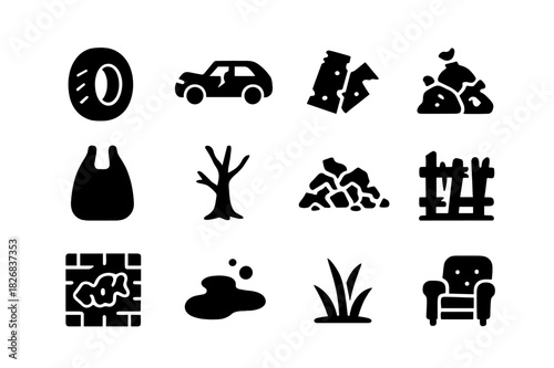 Junkyard Icon Set. Junkyard. Solid icon set of Junkyard: discarded tire, broken car, rusted metal, trash pile, plastic bag, dead tree, rubble, broken fence,