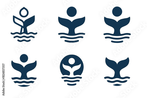 Moonlit Marine Logos. Marine life under moonlit waters. Icon set. Set Logo of marine life under moonlit waters: serene ocean wave under moon. harmonious logo