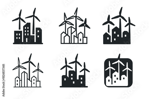 Urban Renewal Logos. Urban Renewable Projects. Icon set. Set Logo of Urban Renewable Projects: wind turbines on rooftops. harmonious logo variations of the