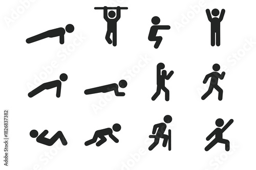 Bodyweight Exercise Icons. Bodyweight Fitness. Solid icon set of Bodyweight Fitness: push-up, pull-up, squat, lunge, burpee, plank, jumping jack, sit-up,