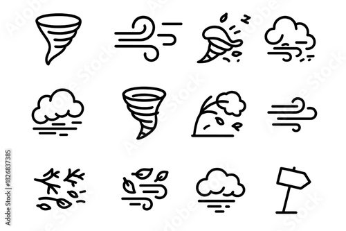 Vortex Icons Set. Vortex and debris. Line icon set of Vortex and debris: tornado funnel, swirling wind, flying debris, dust cloud, spinning funnel, bent tree,