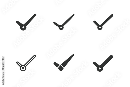 Stylized Clock Hands. Clock hands. Icon set. Set Logo of Clock hands: Stylized ticking hands. harmonious logo variations of the same emblematic concept (Filled