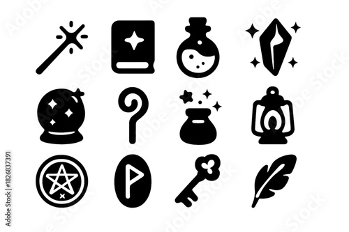 Forest Magic Icons. Forest magic. Solid icon set of forest magic: wand, spell book, potion bottle, glowing crystal, magical orb, enchanted staff, fairy dust,