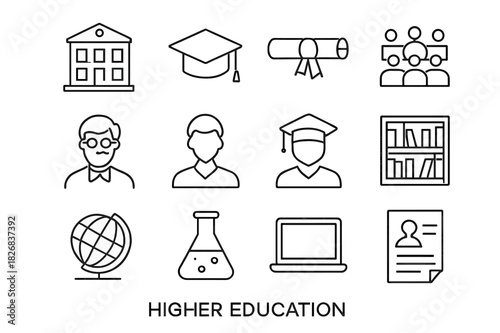 Higher Education Icons. Higher education. Line icon set of higher education: university building, graduation cap, diploma, lecture hall, professor, student,