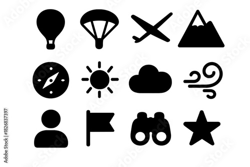 Adventure Flight Icons. Adventure flight. Solid icon set of adventure flight: hot air balloon, parachute, glider, mountain, compass, sun, cloud, wind swirl,