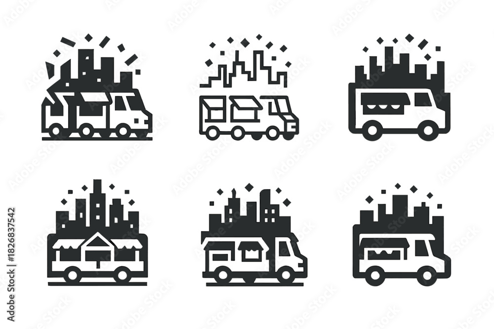 Fototapeta premium Food Truck Logos. Food truck street parties. Icon set. Set Logo of food truck street parties: food truck with festive string lights. harmonious logo variations