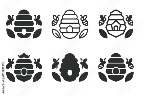 Pollinator Icon Set. Protecting pollinators. Icon set. Set Logo of protecting pollinators: Beehive. harmonious logo variations of the same emblematic concept,