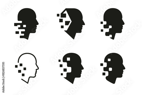 Digital Avatars Icons. Digital avatars and evolving identity. Icon set. Set Logo of digital avatars: face morphing into data stream. harmonious logo variations
