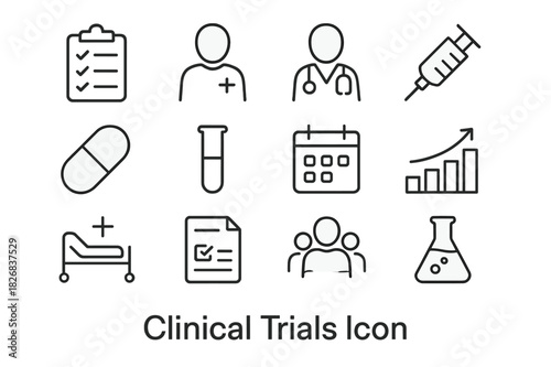 Clinical Trials Icons. Clinical Trials. Line icon set of Clinical Trials: clipboard, patient, doctor, syringe, pill, test tube, calendar, chart, hospital bed,